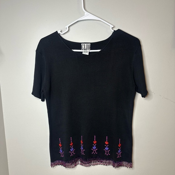 Clio Tops - Clio Vintage Black Embroidered Beaded Women's Silk Top Size Large